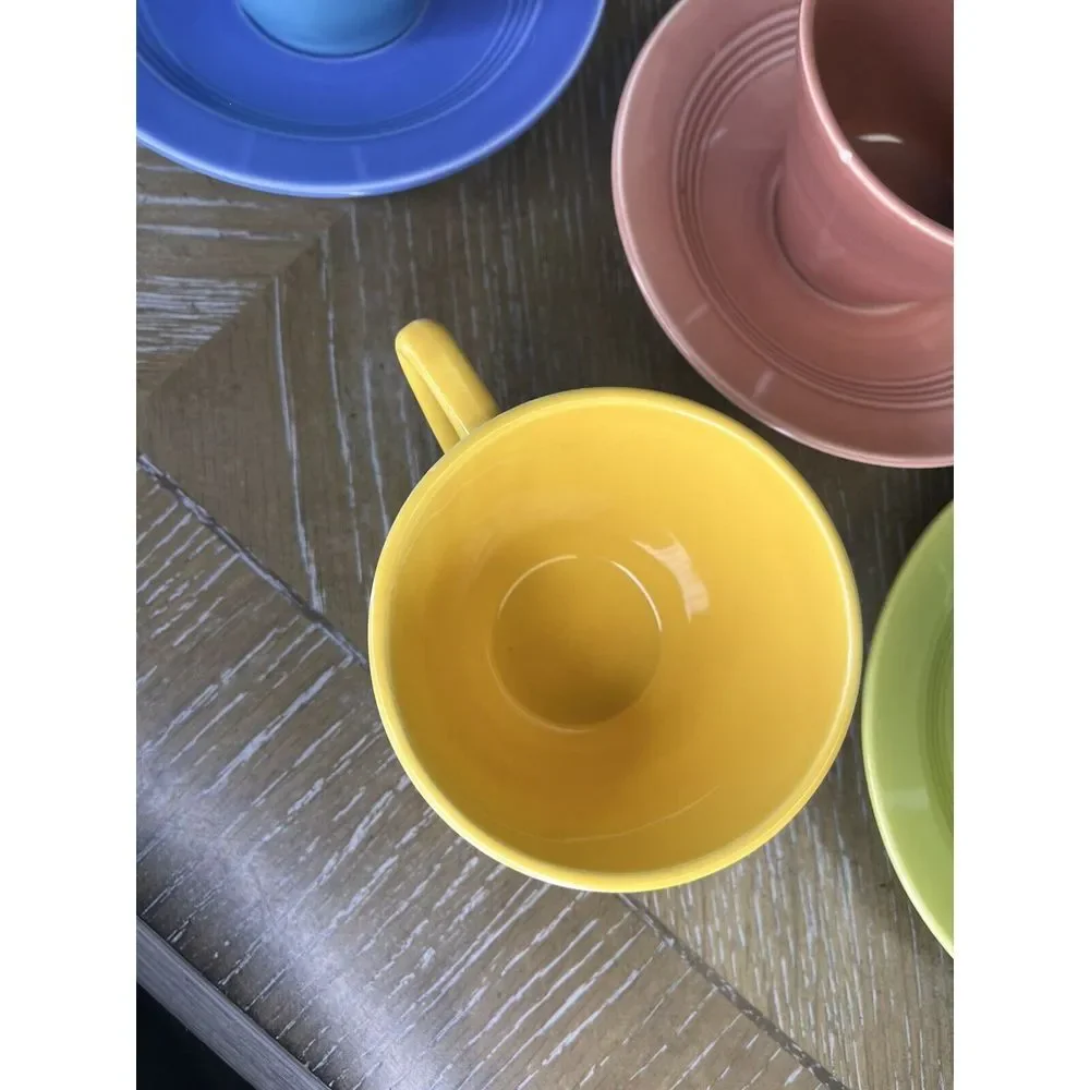 Homer Laughlin China - Harlequin 4 Cups 3‎ Saucers - Chartreuse Yellow Blue Rose
